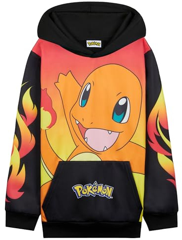 Pokémon Felpe con Cappuccio per Bambini Ragazzi Adolescenti Pikachu Felpa Comoda con Tasca a Canguro Regalo Bambino (11-12 Anni, Nero/Rosso Charmander)