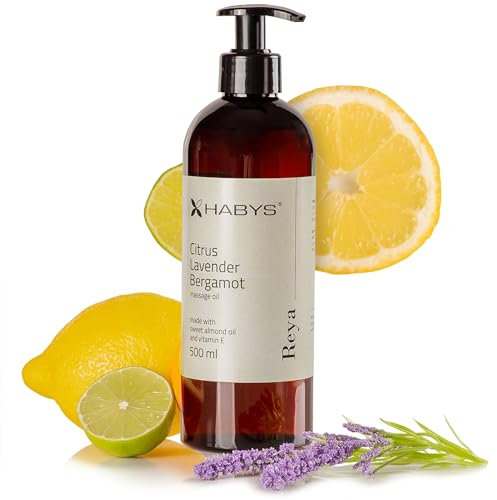 HABYS REYA | Citrus, Lavender, Bergamot Massageöl Öl | Duft von Zitrusfrüchten und Lavendel | Massage öle Körperöl Mit Mandelöl und Vitamin E | für Massage Therapie | Entspannendes 500ML