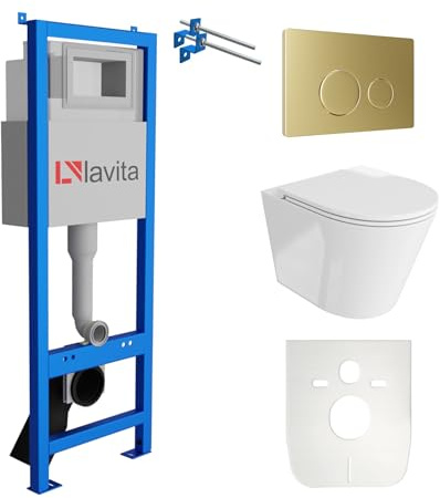 Lavita LAV 101 - Elemento da parete per WC 40 cm + parete sospeso WC Galve bianco senza bordi + pannello di controllo LAV 200.4.5 oro | Set completo | Cassetta di risciacquo da incasso | WC completo