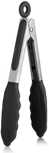 U-Taste Pinza da Cucina in Silicone: Resistente al Calore 315℃ con Punte in Gomma Antiaderente ben Sigillate e Manico in Acciaio Rivestito in Silicone e Bloccaggio Liscio (Nero, 18cm)