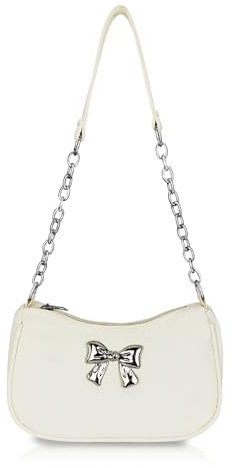 AfitLulu Umhängetasche Damen PU-Leder Halbmond Tasche mit Leder Kette Schulterriemen und Schleife Muster, Crossbody Bag Elegant Schultertasche für Tägliche Aktivitäten (Weiß)