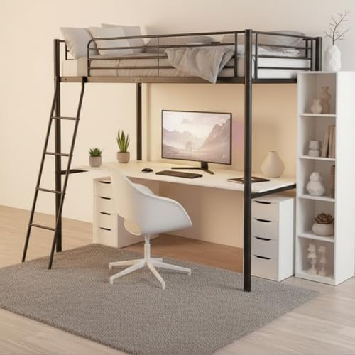 Reinforced Beds, NEWTON LOFT BED/HIGH SLEEPER BUNK BED, 90x190cm, Black, Reinforced Tubular Bars, Strong Metal Structure, 1470mm Underbed Clearance, Reversible Ladder