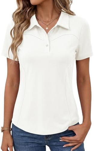 IECCP Golf Polo Shirts for Women Collared Short Sleeve Quick Dry Lightweight Moisture Wicking T-Shirt Summer Work Casual Gym Tops with 3-Button 2026 (White,L)