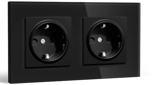 BSEEDLIFE Enchufe Pared,Enchufe Doble Pared Empotrable Estándar con Cristal,157 * 86mm 2 Gang 16A,Toma de Corriente,Fácil Instalación,Negro