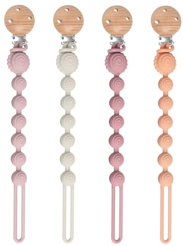 Dummy Clips Silicon Suppleness Portable 4PCS Pacifier Clips Boys Grils,Dummy Chain BPA Free,Mam Soother Clips and Teether 2 in 1 Design(4 Color)