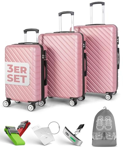 Onbest 3er Kofferset XXL Komplettpaket – Sichere und leichte ABS Hartschalenkoffer 20 24 28 mit Rollen – Reisegepäck Set: Reisekoffer, Trolley, Rollkoffer inkl. digitaler Kofferwaage (Rose Gold)