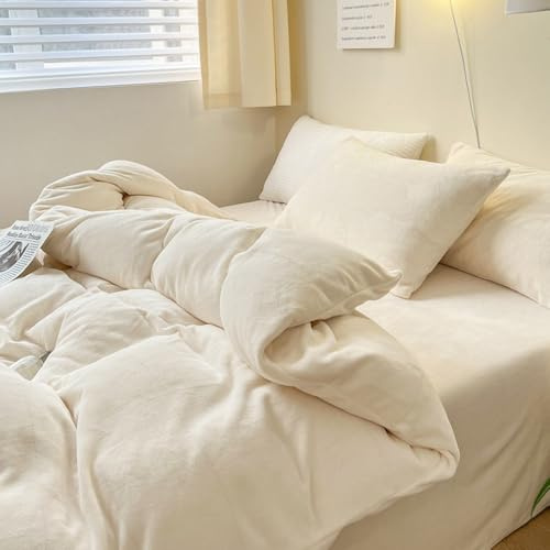 Nyescasa Housse de Couette Flanelle 140x200 Beige Polaire Chaude Hiver Ensemble Parure de Lit Adulte 1 Personne en Peluche Velours Doux Linge de lit avec Fermeture Éclair et 1 Taie d'oreiller 65x65 cm