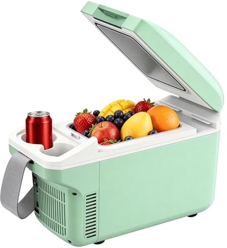 Iceblue elektrisk kylare med typ-C, 8 liter/11 burkar minikyl med bälte, 9 V typ-C termoelektrisk dubbelanvändning bilkylskåp, bilkylskåp för bil, sovsal, resor, picknick, present (grön)
