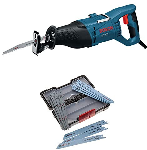 Bosch Professional GSA1100EProfessional Scie Sabre GSA 1100 E (1100 W, 1 Lame de Scie Sabre S 2345 X) Bleu & Set de 15 Lames - Wood and Metal basic s 918 AF (5x)/ S 918 BF (5x)/ S 617 K (5x)