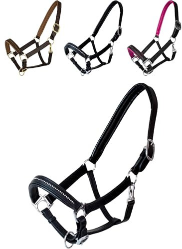 Marengos - Halfter Diamond aus Leder | Halfter für Pferde | Pferdehalfter mit farbig unterlegtem Nasenriemen & Genickstück | edles Lederhalfter | Pferde Zubehör in Schwarz | Warmblut