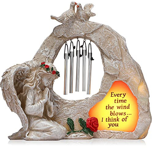 Jetec Statue de Carillon Éolien Ange Priant Statue de Carillon Éolien Commémoratif Ange de Jardin Décor de Maison Mini Ange Figurine en Résine d'ange Lumière Figurine Ange Solaire (Élégant)