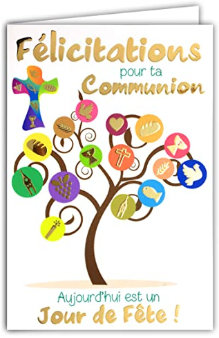 68-1202 Carte avec Enveloppe Félicitations pour ta Communion Jour de Fête Arbre Vie Chrétien Catholique Croix Pain Vin église Foi Religion Cadeau pour Parrain Marraine, Fabriqué en France Doré