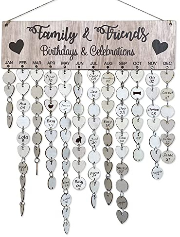 Family Celebrations Reminder Calendar, Birthday Reminder Plaque with 50 Round Discs and 50 Heart Tags, DIY Wooden Calendar Wall Hanging (Log color)
