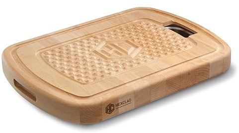 HexClad Hybrid Beechwood Carving and Cutting Board with Stainless Steel Drip Tray, Carrying Handle, and Juice Trenches, Double-Sided