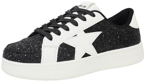 Niluber Star Sneakers for Women Low Top Comfortable Cushioned White Gold Sliver Leopard Platform Sneakers Lace Up Red Glitter Platform Party Shoes(Black Glitter,8)