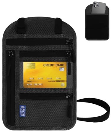 Brustbeutel Herren Dame Brusttasche mit RFID Schutz Schwarz Reisepasstasche Reise Brusttasche Verstellbarem Halsriemen Wasserdichte Passport Bag für Reisepass Smartphone Bargeld Kreditkarte Schlüssel