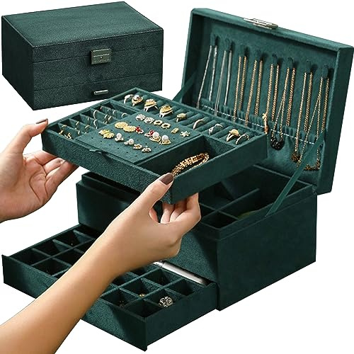 Soulima Schmuckkästchen Koffer Abschließbar Tragegriff 3 Ebenen Schmuckschatulle 21954, Farbe:Grün