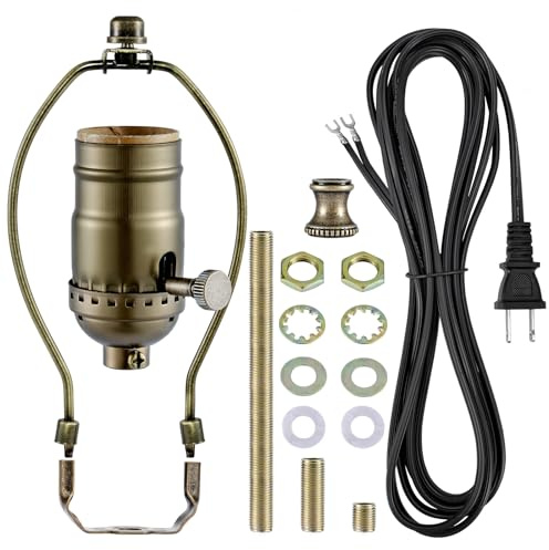 Lamp Rewire Kit - 3-Way Socket With Matching Cord and Harp Set for Table or Floor Lamp Repair, Essential Hardware for DIY Design (Antique Brass, 1)