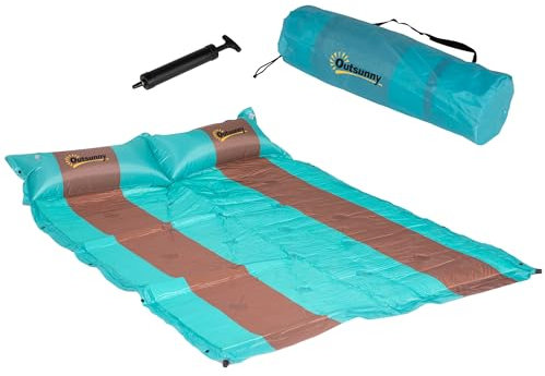 Outsunny Uppblåsbar Självuppblåsande Campingmadrass 2 Personer med Kudde och Bärväska – Ultralätt – Vattentät Uppblåsbar Liggmatta för Camping, Resor, Vandring