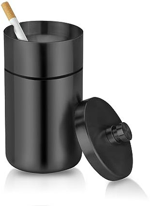 cgaplus Cendrier de voiture avec couvercle anti-odeurs en acier inoxydable portable pour porte-gobelet de voiture amovible coupe-vent éteint seau à cigarettes pour extérieur, maison, bureau - Noir