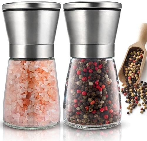 Herboom Salz und Pfeffermühle 2er Set, Pfeffer und Salzmühle, Verstellbarem Keramikmahlwerk Edelstahl Gewürzmühle für Gewürze, Pfeffer, Salz und Chilli (klein)