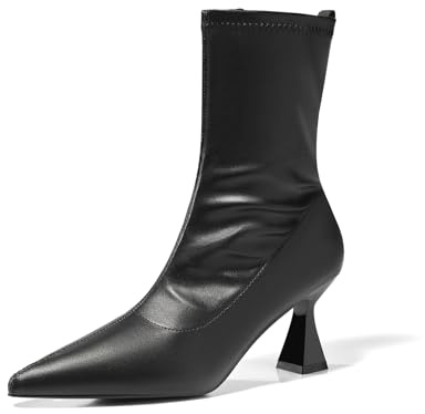 Coutgo Womens Ankle Boots Pointed Toe Low Kitten Heel Side Zipper Office Dress Fall Booties Shoes, Black, Size 8