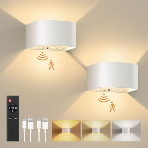 FULEN Lámpara de Pared con Sensor de Movimiento y Control Remoto, 3 Colores, luz de Pared Inalámbrica LED,Aplique de Pared Arriba y Abajo,Batería Recargable de 5000mAh,Brillo Ajustable,Blanco 2 Piezas