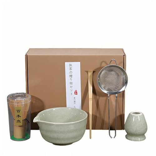 5Pcs Matcha Whisk Set with Sifter, Traditional Matcha Tea Set with Bamboo Whisk, Scoop, Ceramic Bowl & Whisk Holder, Stainless Steel Matcha Sifter, Japanese Matcha Making Kit for Tea Lovers
