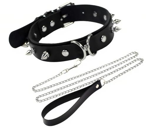 Black PU Leather Punk Studded Choker with Detachable Chain O-Ring Adjustable Choker Necklace, Novelty Chokers Necklaces for Women, Goth Chokers for Halloween Cosplay,Gothic Outfits EMO Accessory