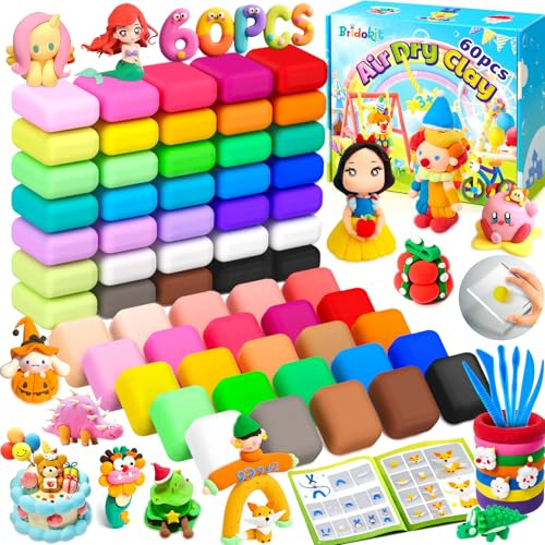 Bridokit Modelliermasse Lufttrocknend, 60 Packungen Lufttrocknender Knete für Kinder mit Extra Weißer Magische Knete, Knetpresse, Modellierwerkzeugen, Anleitungsheft, DIY Kreativ-Set Knete für Kinder