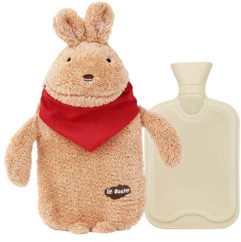 Borsa dell'acqua calda con rivestimento, 1 l, borsa dell'acqua calda di alta qualità, graziosa borsa dell'acqua calda per bambini, adulti, con rivestimento in peluche (coniglio marrone)