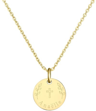 Moments Précieux Collier personnalisé baptême, dessin Croix & Rameaux, plaqué or - Idée cadeau pour Noël - Anniversaires - Baptême - Communion