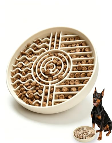 Slow Feeder Dog & Cat Bowl, Anti-Choking Silicone Food Bowl with Non-Slip Suction Cup Base, Dishwasher Safe, Slow Eating Design Reduces Bloat Anxiety, Ideal for Large to Small Dogs & Cats(Beige)