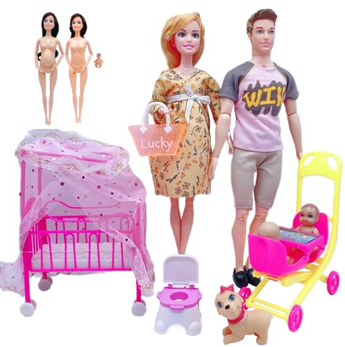 Dockset för familjen, babydockset med rörliga leder, baby i magen, pappa och 2 barn, gravid, babydockor