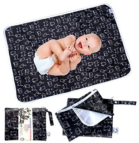 Flockthree Waterproof Baby Diaper Changing Pad with Storage Bag (28.7 X 19.7) Washable Wipeable Reusable Leak Proof Diaper Travel Mat Station Changing Mattress Liner Cribs Bed Cover, Cats