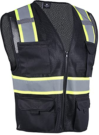 VENDACE Hi Vis Safety Reflective Mesh Vest for Men ANSI Class 2 High Visibility Vest with 8 Pockets and Zipper(Black,L)