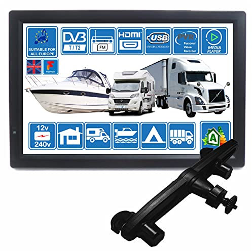 Unispectra MOTORHOME CARAVAN BOAT KITCHEN 14 Inch LED Digital HD TV DVB-T2. Freeview HD and all Europe Free to The Air TV. 12V 240V USB PVR & Media Player, HDMI CCTV Monitor (TV+Headrest Mount)