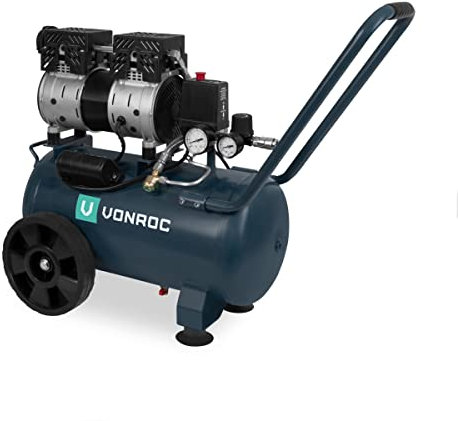 Compresseur d'air silencieux - 750W – 1HP- 128 l/min - Réservoir 24L - 8 bar - 57,5dB(A) - Sans huile - Silencieux - Peu bruyant - Gris