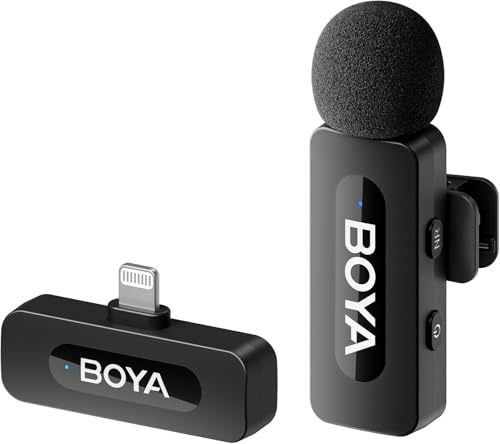 Boya Système de Microphone omnidirectionnel sans Fil 2,4 GHz avec émetteur et récepteur pour appareils iOS. Certifié MFI. pour Les réseaux Sociaux, Contenu Youtube avec Batterie Rechargeable. Portée