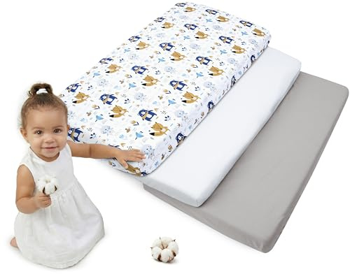 Medi Partners Drap Housse 60x120 Lot de 3 Draps lit Bebe Matelas Enfant Bébé - 100% Coton Fitted Draps Lit pour Baby Bed Cover Sheets Matela literie Mattress Couette (Boho Animals-Blanc-Gris)