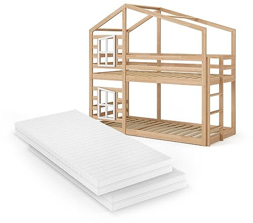 VitaliSpa Etagenbett 90x200 cm Maja mit 2 Matratzen - Braun 208x195x97 cm aus Holz - Kinderbett sicher & ideal für 2 Kinder, inklusive Lattenroste