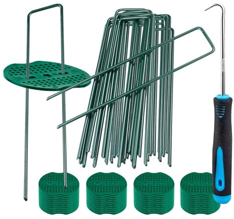 Clavos de pila en forma de u de jardín 20 arandelas amortiguadoras y 1 gancho para clavos de paisaje de jardín galvanizados en el borde del paisaje, vallas fijas, césped, mangueras de lona y barreras