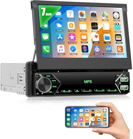 CAMECHO Radio 1 DIN con Bluetooth Manos Libres,Radio de Coche con Pantalla Retráctil de 7 Pulgadas,Mirror Link/FM Radio/Control de Volante,Soporte USB/AUX/TF/Cámara Trasera