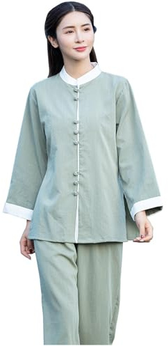 DAYKET Ropa de Tai Chi para Mujer, Conjunto de Ropa de Meditación Zen, Ropa de Kung Fu Chino, Traje de Tai Chi de Artes Marciales,Green-M