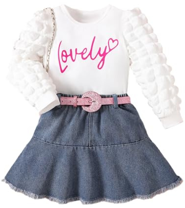 Alunsito Trajes de blusa de manga abullonada de malla transparente para bebés y niñas pequeñas + falda plisada de mezclilla de corte A con cinturón de lentejuelas, minivestido blanco de 5 a 6 años