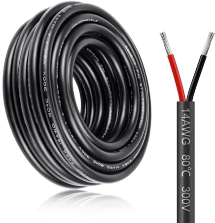 14 Gauge Electrical Wire, 2 Core 32.8ft/10m Conductor Wire, 2 * 2mm² Red Black Low Voltage LED Extension Cord, Tinned Copper Cable with Black Reel Package Hookup 12V Cable for LED Lighting Lamp