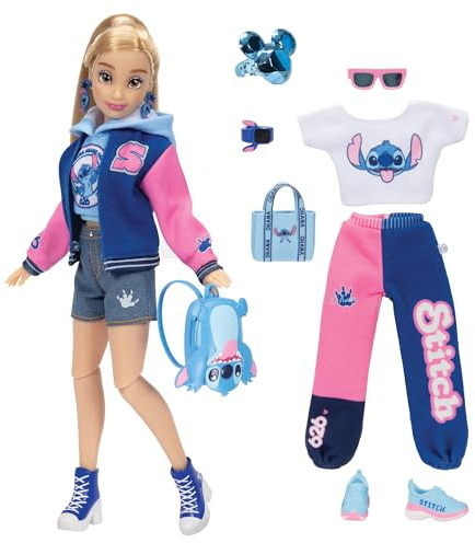 Disney Ily 4EVER Muñeca Fashion 30 cm Inspirada en Stitch Universitaria de Jakks Pacific - Incluye 2 Outfits y Accesorios - hasta 10 Puntos de Articulación, Brown Wavy Hair Stitch Fashion Doll