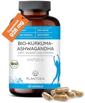 PlantDEA Bio Kurkuma-Ashwagandha Kapseln mit Zimt, Ingwer und Piperin I 925mg Tagesdosis I 120 Bio Kapseln hochdosiert I laborgeprüft I veganes Pulver ohne Zusätze I PlantDEA