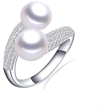 HENGSHENG Pearl Ring Open Twist Stacking Rings for Women Freshwater Bread Pearl with Zirconia Adjustable Crossover Statement Ring Band - White