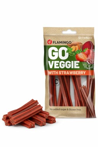 Flamingo Friandise Chien – Veggie Bâton à la Fraise – 12cm – 78g – récompense légère et Naturelle – Riche en Fibres végétales
